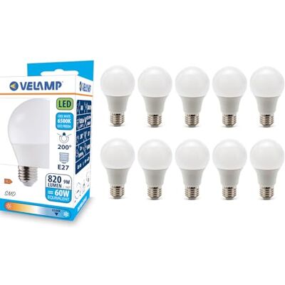 Velamp Ampoule LED, standard A60, culot E27, 9W (806 lumens équivalent à 60W), lumière blanche froide 6500K, technologie SMD, faisceau 200 °, pack de 10 ampoules Velamp Ampoule LED, standard A60, culot E27, 9W (806 lumens équivalent à 60W), lumière blanche froide 6500K, technologie SMD, faisceau 200 °, pack de 10 ampoules