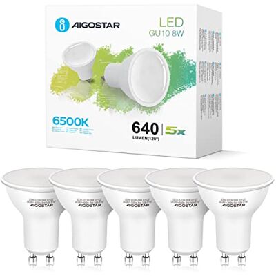 Aigostar Ampoule LED GU10 Blanche Froide 6500K, 8W équivalent 88W, 640 lumens. Spot Culot GU10, Larges Faisceaux de 100-120º, IRC ≥ 80, Pack de 5 unités avec boîte Aigostar Ampoule LED GU10 Blanche Froide 6500K, 8W équivalent 88W, 640 lumens. Spot Culot GU10, Larges Faisceaux de 100-120º, IRC ≥ 80, Pack de 5 unités avec boîte