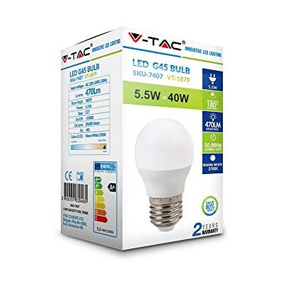 V-TAC 7407 7407 LED Classe d'efficacité énergétique A+ (A++ -E) E27 Forme globe 5,50 W = 40 W Blanc chaud 1 ct 5,5 W V-TAC 7407 7407 LED Classe d'efficacité énergétique A+ (A++ -E) E27 Forme globe 5,50 W = 40 W Blanc chaud 1 ct 5,5 W