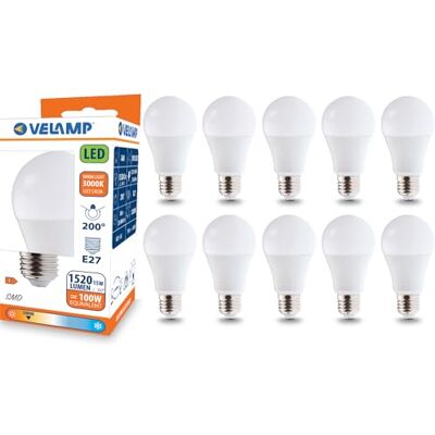 Velamp Ampoule LED, standard A60, culot E27, 15W (1520 lumens équivalent à 100W), lumière blanche chaude 3000K, technologie SMD, faisceau 200 °, pack de 10 ampoules Velamp Ampoule LED, standard A60, culot E27, 15W (1520 lumens équivalent à 100W), lumière blanche chaude 3000K, technologie SMD, faisceau 200 °, pack de 10 ampoules