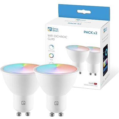 Garza Pack de 2 ampoules LED GU10 5W WiFi (40W eq.) RGB+CCT, dimmable, programmable, commande vocale et application, Alexa/Google Home, WiFi 2,4 GHz, 400 lm Garza Pack de 2 ampoules LED GU10 5W WiFi (40W eq.) RGB+CCT, dimmable, programmable, commande vocale et application, Alexa/Google Home, WiFi 2,4 GHz, 400 lm