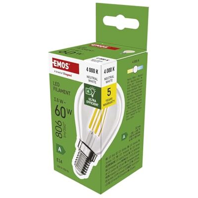 EMOS Ampoule LED Edison Mini Globe, 3,8 W, remplacement pour ampoule 60 W, classe A, culot E14, luminosité 806 lm, lumière blanche neutre 4000 K, durée de vie 50 000 h, IRC min. 80, angle de faisceau EMOS Ampoule LED Edison Mini Globe, 3,8 W, remplacement pour ampoule 60 W, classe A, culot E14, luminosité 806 lm, lumière blanche neutre 4000 K, durée de vie 50 000 h, IRC min. 80, angle de faisceau