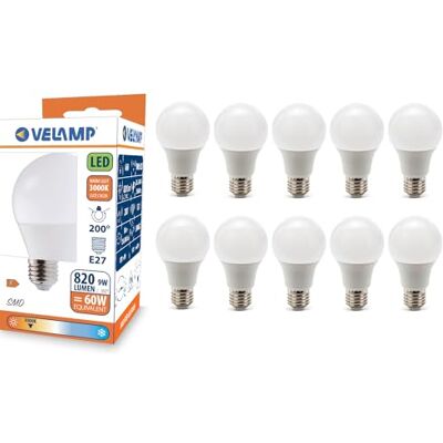 Velamp Ampoule LED, standard A60, culot E27, 9W (806 lumens équivalent à 60W), lumière blanche chaude 3000K, technologie SMD, faisceau 200 °, pack de 10 ampoules Velamp Ampoule LED, standard A60, culot E27, 9W (806 lumens équivalent à 60W), lumière blanche chaude 3000K, technologie SMD, faisceau 200 °, pack de 10 ampoules