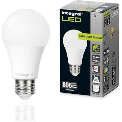 Integral Ampoule LED GLS E27 non-dimmable à double capteur crépusculaire Blanc froid 4000K, 806lm, 8W (équivalent 60W) Basse consommation et idéale pour l'extérieur Integral Ampoule LED GLS E27 non-dimmable à double capteur crépusculaire Blanc froid 4000K, 806lm, 8W (équivalent 60W) Basse consommation et idéale pour l'extérieur