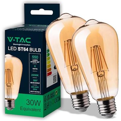 V-TAC 2x Ampoule LED Filament ST64 culot E27-6W (équivalent 40W) 550 Lumen Lot de 2 Ampoules LED Vintage en Verre Ambré Efficacité Maximale et Économie d'Énergie 2200K Blanc Chaud V-TAC 2x Ampoule LED Filament ST64 culot E27-6W (équivalent 40W) 550 Lumen Lot de 2 Ampoules LED Vintage en Verre Ambré Efficacité Maximale et Économie d'Énergie 2200K Blanc Chaud