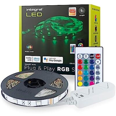 Integral Ruban LED 5 m RGB intérieur, WiFi, application intelligente, Plug & Play, couleur réglable, synchronisation musicale, adaptateur UE, contrôle IR, compatible avec Alexa et Google. Adhésif Integral Ruban LED 5 m RGB intérieur, WiFi, application intelligente, Plug & Play, couleur réglable, synchronisation musicale, adaptateur UE, contrôle IR, compatible avec Alexa et Google. Adhésif