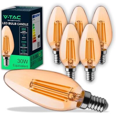 V-TAC 6x Ampoules LED Filament Bougie Ambrée E14-4W (équivalent à 30W) 350 Lumen 2200K Blanc Chaud Ampoule Ambre Vintage Verre Efficacité Maximale et Économie d'Énergie V-TAC 6x Ampoules LED Filament Bougie Ambrée E14-4W (équivalent à 30W) 350 Lumen 2200K Blanc Chaud Ampoule Ambre Vintage Verre Efficacité Maximale et Économie d'Énergie