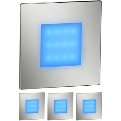 ledscom.de Éclairage d'escalier/applique murale encastrable FEX à 4 LED pour l'intérieur et l'extérieur, de forme carrée, en acier inoxydable, 85 x 85 mm, bleu ledscom.de Éclairage d'escalier/applique murale encastrable FEX à 4 LED pour l'intérieur et l'extérieur, de forme carrée, en acier inoxydable, 85 x 85 mm, bleu