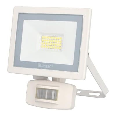 Unitec Projecteur LED de jardin avec détecteur de mouvement infrarouge à 180° pour extérieur, 20 W, 1600 lumens, 6500 K, blanc Unitec Projecteur LED de jardin avec détecteur de mouvement infrarouge à 180° pour extérieur, 20 W, 1600 lumens, 6500 K, blanc