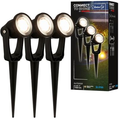 Briloner Système Connect to Shine 12V, 3 Spots LED Avec Piquet de Terre, Kit d'Extension, IP65, Lumière Blanc Chaud, Éclairage de Jardin, 22,5x6x5 cm, Noir Briloner Système Connect to Shine 12V, 3 Spots LED Avec Piquet de Terre, Kit d'Extension, IP65, Lumière Blanc Chaud, Éclairage de Jardin, 22,5x6x5 cm, Noir