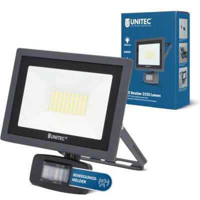 Unitec Projecteur LED de jardin avec détecteur de mouvement infrarouge à 180° pour extérieur, 30 W, 2400 lumens, 6500 K, blanc Unitec Projecteur LED de jardin avec détecteur de mouvement infrarouge à 180° pour extérieur, 30 W, 2400 lumens, 6500 K, blanc