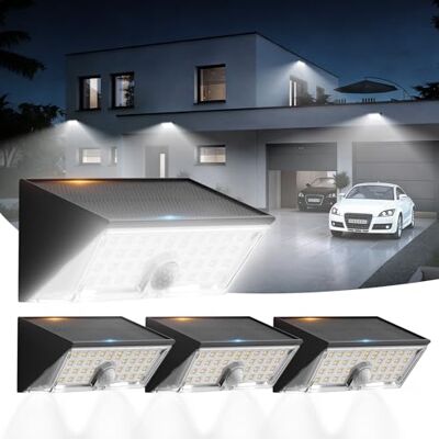 Smiling Shark WL-06L Lot de 4 lampes solaires d'extérieur avec détecteur de mouvement, double fonction, applique murale LED, 4 modes, étanche IP65, super lumineuse, blanc froid, pour jardin, terrasse Smiling Shark WL-06L Lot de 4 lampes solaires d'extérieur avec détecteur de mouvement, double fonction, applique murale LED, 4 modes, étanche IP65, super lumineuse, blanc froid, pour jardin, terrasse