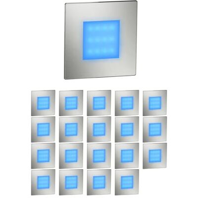 ledscom.de Éclairage d'escalier/applique murale encastrable FEX à 20 LED pour l'intérieur et l'extérieur, de forme carrée, en acier inoxydable, 85 x 85 mm, bleu ledscom.de Éclairage d'escalier/applique murale encastrable FEX à 20 LED pour l'intérieur et l'extérieur, de forme carrée, en acier inoxydable, 85 x 85 mm, bleu
