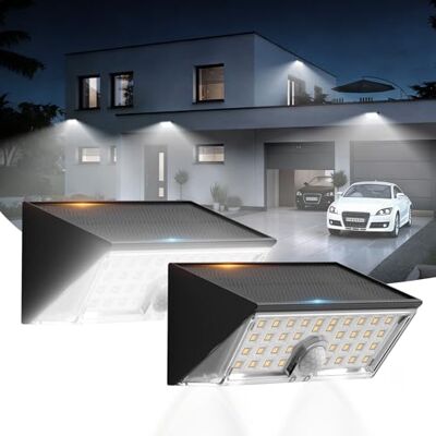 Smiling Shark WL-06L Lot de 2 lampes solaires d'extérieur avec détecteur de mouvement, double fonction, applique murale LED, 4 modes, étanche IP65, super lumineuse, blanc froid, pour jardin, terrasse Smiling Shark WL-06L Lot de 2 lampes solaires d'extérieur avec détecteur de mouvement, double fonction, applique murale LED, 4 modes, étanche IP65, super lumineuse, blanc froid, pour jardin, terrasse