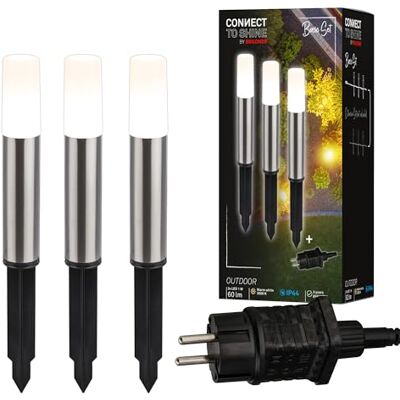 Briloner Connect to Shine Lot de 3 lampes de jardin LED 12 V avec piquet de terre, kit de base avec transformateur, IP44, lumière blanche chaude, éclairage de jardin, lampadaires, 36,5 x 4 cm, argenté Briloner Connect to Shine Lot de 3 lampes de jardin LED 12 V avec piquet de terre, kit de base avec transformateur, IP44, lumière blanche chaude, éclairage de jardin, lampadaires, 36,5 x 4 cm, argenté