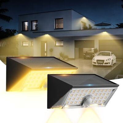 Smiling Shark WL-06L Lot de 2 lampes solaires d'extérieur avec détecteur de mouvement, double fonction, applique murale LED solaire, 4 modes, IP65, étanche, super lumineuse, blanc chaud, pour jardin Smiling Shark WL-06L Lot de 2 lampes solaires d'extérieur avec détecteur de mouvement, double fonction, applique murale LED solaire, 4 modes, IP65, étanche, super lumineuse, blanc chaud, pour jardin