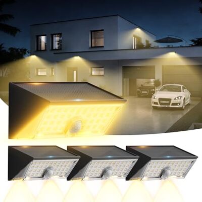 Smiling Shark WL-06L Lot de 4 lampes solaires d'extérieur avec détecteur de mouvement, double fonction, applique murale LED solaire, 4 modes, IP65, étanche, super lumineuse, blanc chaud, pour jardin Smiling Shark WL-06L Lot de 4 lampes solaires d'extérieur avec détecteur de mouvement, double fonction, applique murale LED solaire, 4 modes, IP65, étanche, super lumineuse, blanc chaud, pour jardin