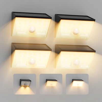 Smiling Shark WL-06 Lot de 4 lampes solaires d'extérieur avec détecteur de mouvement 4 modes et 120° IP65 étanche LED super lumineuses pour jardin, terrasse, clôture, lumière chaude Smiling Shark WL-06 Lot de 4 lampes solaires d'extérieur avec détecteur de mouvement 4 modes et 120° IP65 étanche LED super lumineuses pour jardin, terrasse, clôture, lumière chaude