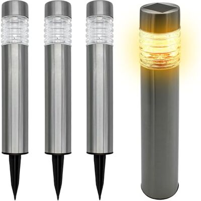 Spetebo Lot de 4 lampes solaires en acier inoxydable 42 x 8 cm Argenté Lampadaire de jardin blanc chaud Lampe solaire d'extérieur Éclairage décoratif pour extérieur et terrasse Spetebo Lot de 4 lampes solaires en acier inoxydable 42 x 8 cm Argenté Lampadaire de jardin blanc chaud Lampe solaire d'extérieur Éclairage décoratif pour extérieur et terrasse