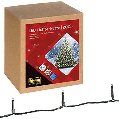Idena 31869 Guirlande lumineuse LED avec 200 LED blanc chaud avec fonction minuterie de 8 heures et transformateur, env. 29,9 m de long, intérieur et extérieur, pour fête, Noël, décoration, mariage Idena 31869 Guirlande lumineuse LED avec 200 LED blanc chaud avec fonction minuterie de 8 heures et transformateur, env. 29,9 m de long, intérieur et extérieur, pour fête, Noël, décoration, mariage