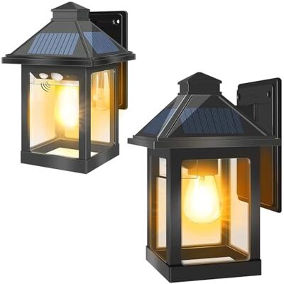 Moman Lot de 2 lampes solaires d'extérieur vintage avec détecteur de mouvement 3 modes Étanchéité IP65 Lanterne murale Pour jardin, terrasse, extérieur Moman Lot de 2 lampes solaires d'extérieur vintage avec détecteur de mouvement 3 modes Étanchéité IP65 Lanterne murale Pour jardin, terrasse, extérieur