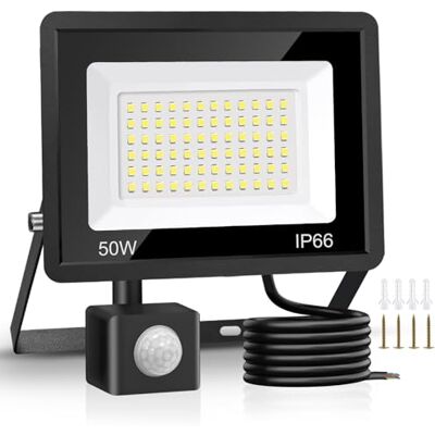 Jsdoin Lampes de sécurité d'extérieur 50 W avec détecteur de mouvement, 4500 lumens, 6500 K, lampe de sécurité PIR, projecteur LED, IP66, lampe de jour étanche avec câble de 2 m pour garage Jsdoin Lampes de sécurité d'extérieur 50 W avec détecteur de mouvement, 4500 lumens, 6500 K, lampe de sécurité PIR, projecteur LED, IP66, lampe de jour étanche avec câble de 2 m pour garage