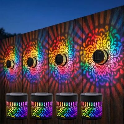 Syzplnwy Lot de 4 appliques murales solaires mandala, 7 couleurs changeantes, lampe de projection décorative extérieure, lampe de clôture en métal étanche pour cour, jardin, terrasse, jardin Syzplnwy Lot de 4 appliques murales solaires mandala, 7 couleurs changeantes, lampe de projection décorative extérieure, lampe de clôture en métal étanche pour cour, jardin, terrasse, jardin