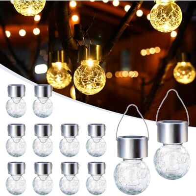 GIGALUMI Lot de 12 lampes solaires à suspendre pour décoration de Noël – Verre craquelé étanche pour jardin, cour, clôture, arbre (blanc chaud) GIGALUMI Lot de 12 lampes solaires à suspendre pour décoration de Noël – Verre craquelé étanche pour jardin, cour, clôture, arbre (blanc chaud)