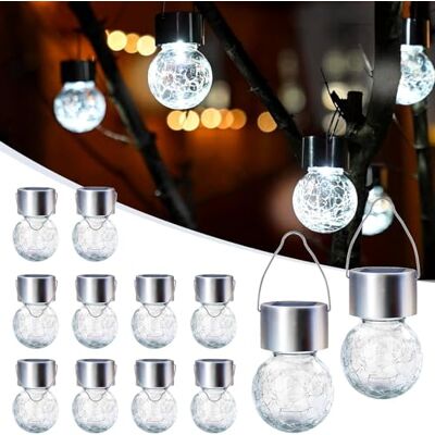 GIGALUMI Lot de 12 lampes solaires à suspendre pour décoration de Noël – Verre craquelé étanche pour jardin, cour, clôture, arbre (blanc froid) GIGALUMI Lot de 12 lampes solaires à suspendre pour décoration de Noël – Verre craquelé étanche pour jardin, cour, clôture, arbre (blanc froid)