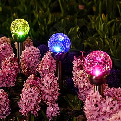 GIGALUMI Lot de 3 lampes solaires d'extérieur en forme de boule de verre craquelé à double LED, lumières de paysage/allée pour chemin, terrasse, cour, changement de couleur et blanc GIGALUMI Lot de 3 lampes solaires d'extérieur en forme de boule de verre craquelé à double LED, lumières de paysage/allée pour chemin, terrasse, cour, changement de couleur et blanc