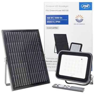 PNI GreenHouse WS50 Réflecteur LED 50 W avec panneau solaire, batterie 6000 mAh, télécommande, minuterie et luminosité réglables, 6500 K, IP65 PNI GreenHouse WS50 Réflecteur LED 50 W avec panneau solaire, batterie 6000 mAh, télécommande, minuterie et luminosité réglables, 6500 K, IP65