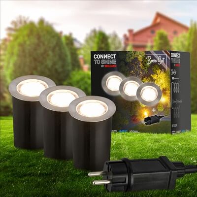 Briloner éclairage de jardin Connect to Shine 12V, lot de 3 spots encastrables au sol LED avec manchon, kit de base avec transformateur, IP67, lumière blanc chaud, 45x66 mm, argent Briloner éclairage de jardin Connect to Shine 12V, lot de 3 spots encastrables au sol LED avec manchon, kit de base avec transformateur, IP67, lumière blanc chaud, 45x66 mm, argent