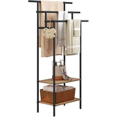 EUGAD Porte-serviettes noir debout avec 3 barres, porte-bain à 2 étagères, pour serviettes de bain et vêtements, métal et bois EUGAD Porte-serviettes noir debout avec 3 barres, porte-bain à 2 étagères, pour serviettes de bain et vêtements, métal et bois