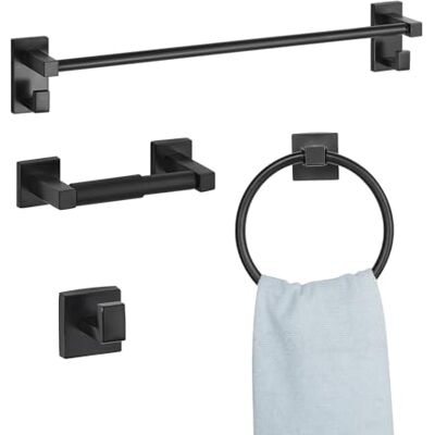 VEVOR Ensemble de quincaillerie de salle de bain noir mat, 4 pièces en acier inoxydable, barre porte-serviette de 61 cm, anneau porte-serviette, crochet pour peignoir, support de papier toilette, pour VEVOR Ensemble de quincaillerie de salle de bain noir mat, 4 pièces en acier inoxydable, barre porte-serviette de 61 cm, anneau porte-serviette, crochet pour peignoir, support de papier toilette, pour