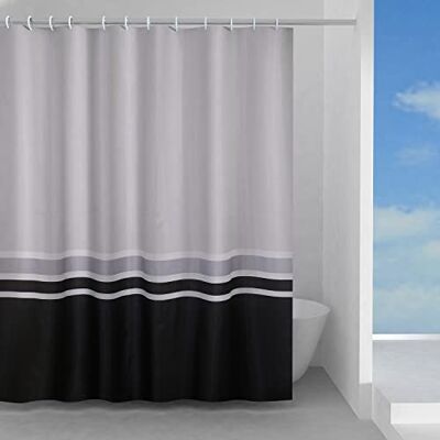 Gedy Elegance Rideau de douche en tissu imperméable, texture vagues, couleur blanc/gris/noir, dimensions L 180 x H 200 cm, 12 anneaux, y compris rideau de baignoire, ne colle pas au corps, lavable à Gedy Elegance Rideau de douche en tissu imperméable, texture vagues, couleur blanc/gris/noir, dimensions L 180 x H 200 cm, 12 anneaux, y compris rideau de baignoire, ne colle pas au corps, lavable à