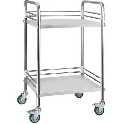 VEVOR Chariot de service en acier inoxydable à 2 étages pour laboratoire et cuisine avec roues verrouillables, chariot de service pour institutions médicales, plateau de service mobile pour hôpitaux VEVOR Chariot de service en acier inoxydable à 2 étages pour laboratoire et cuisine avec roues verrouillables, chariot de service pour institutions médicales, plateau de service mobile pour hôpitaux