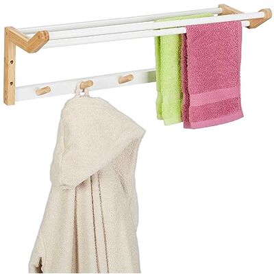 Relaxdays Porte-serviettes mural en bambou, 22 x 60 x 20 cm, avec crochets et barres porte-serviettes, en bambou, naturel/blanc Relaxdays Porte-serviettes mural en bambou, 22 x 60 x 20 cm, avec crochets et barres porte-serviettes, en bambou, naturel/blanc
