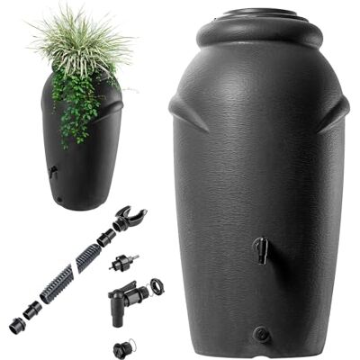 KADAX Réservoir d'eau de pluie en plastique de 210 l avec robinet, récipient pour plantes et couvercle, réservoir de pluie décoratif, résistant au gel KADAX Réservoir d'eau de pluie en plastique de 210 l avec robinet, récipient pour plantes et couvercle, réservoir de pluie décoratif, résistant au gel