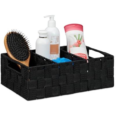 Relaxdays Corbeille de rangement avec compartiments, stockage cosmétique, salle de bain, poignées, 10x32x21 cm, noir Relaxdays Corbeille de rangement avec compartiments, stockage cosmétique, salle de bain, poignées, 10x32x21 cm, noir