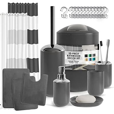 Clara Clark Ensemble d'accessoires de salle de bains 23 pièces, avec rideau de douche avec doublure, tapis, distributeur de savon, porte-savon, porte-brosse WC et poubelle, gris Clara Clark Ensemble d'accessoires de salle de bains 23 pièces, avec rideau de douche avec doublure, tapis, distributeur de savon, porte-savon, porte-brosse WC et poubelle, gris