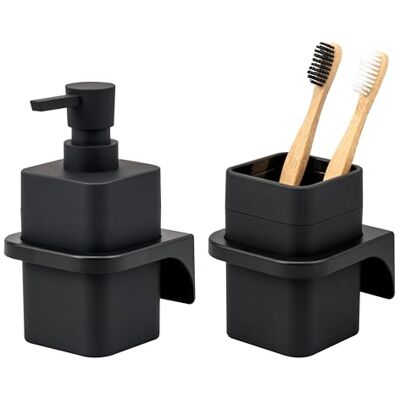 bremermann Savona Set de 2 accessoires de salle de bain carrés avec surface douce au toucher et support mural, 1 distributeur de savon et 1 gobelet en plastique (noir) bremermann Savona Set de 2 accessoires de salle de bain carrés avec surface douce au toucher et support mural, 1 distributeur de savon et 1 gobelet en plastique (noir)