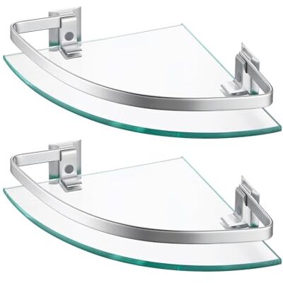 KES Lot de 2 étagères d'angle de salle de bain avec rail en verre trempé extra épais de 8 mm, étagère de douche murale en aluminium argenté, A4120A-P2 KES Lot de 2 étagères d'angle de salle de bain avec rail en verre trempé extra épais de 8 mm, étagère de douche murale en aluminium argenté, A4120A-P2