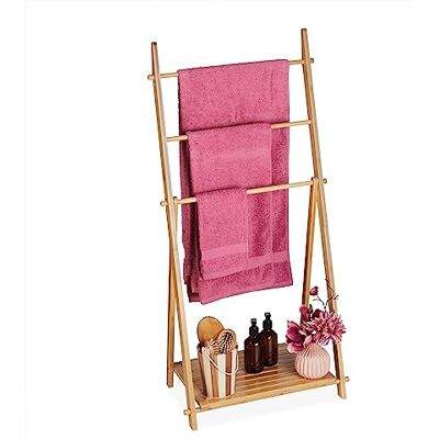 Relaxdays Échelle porte-serviettes pliable en bambou, 3 barres, 1 étagère, hauteur 110 x 53 x 31,5 cm, porte-serviettes de bain, naturel, 1 pièce Relaxdays Échelle porte-serviettes pliable en bambou, 3 barres, 1 étagère, hauteur 110 x 53 x 31,5 cm, porte-serviettes de bain, naturel, 1 pièce