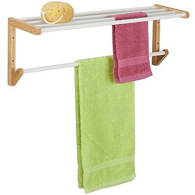 Relaxdays Porte-serviettes mural pour salle de bain, 25 x 70 x 20 cm, 4 barres porte-serviettes en bambou, naturel/blanc Relaxdays Porte-serviettes mural pour salle de bain, 25 x 70 x 20 cm, 4 barres porte-serviettes en bambou, naturel/blanc