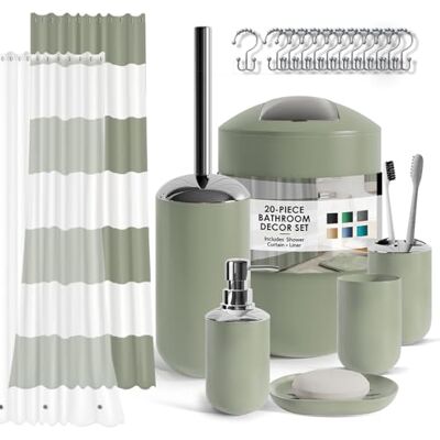 Clara Clark Ensemble d'accessoires de salle de bain – Ensemble d'accessoires de salle de bain vert sauge, ensemble d'accessoires de salle de bain, ensemble de rideau de douche avec doublure Clara Clark Ensemble d'accessoires de salle de bain – Ensemble d'accessoires de salle de bain vert sauge, ensemble d'accessoires de salle de bain, ensemble de rideau de douche avec doublure