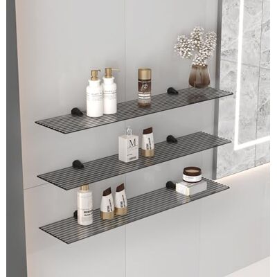 Euro Tische Étagère murale en verre de 90 cm pour salle de bain, étagère de douche en verre gris striée, avec verre de sécurité ESG de 6 mm et supports en métal (verre gris rainuré) Euro Tische Étagère murale en verre de 90 cm pour salle de bain, étagère de douche en verre gris striée, avec verre de sécurité ESG de 6 mm et supports en métal (verre gris rainuré)
