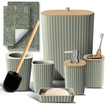 Clara Clark Ensemble d'accessoires de salle de bain vert sauge, 6 pièces avec tapis de salle de bain, brosse de toilette, poubelle et distributeur de savon Clara Clark Ensemble d'accessoires de salle de bain vert sauge, 6 pièces avec tapis de salle de bain, brosse de toilette, poubelle et distributeur de savon
