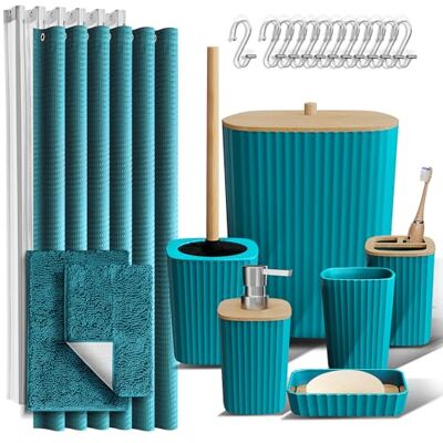 Clara Clark Ensemble d'accessoires de salle de bain Ensemble de salle de bain bleu sarcelle, comprenant un rideau de douche et des tapis, ensemble de 22 pièces avec rideau de douche et poubelle de Clara Clark Ensemble d'accessoires de salle de bain Ensemble de salle de bain bleu sarcelle, comprenant un rideau de douche et des tapis, ensemble de 22 pièces avec rideau de douche et poubelle de