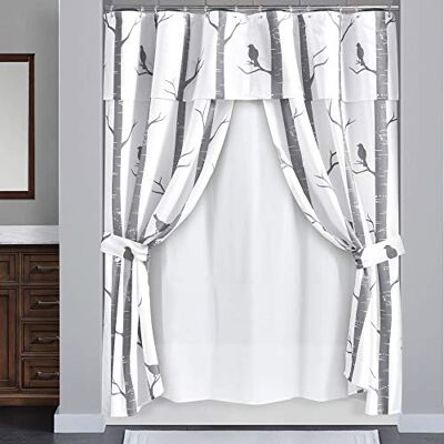 Lush Decor , Lot de 16 rideaux de douche à double motif oiseau sur l'arbre avec doublure en PEVA Gris Lush Decor , Lot de 16 rideaux de douche à double motif oiseau sur l'arbre avec doublure en PEVA Gris