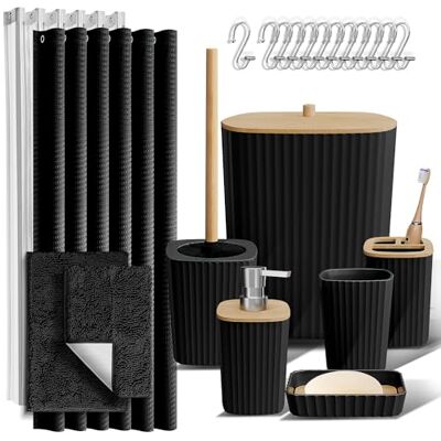 Clara Clark Ensemble d'accessoires de salle de bain Ensemble de salle de bain noir, comprenant un rideau de douche et des tapis, ensemble de 22 pièces avec rideau de douche et poubelle de salle de Clara Clark Ensemble d'accessoires de salle de bain Ensemble de salle de bain noir, comprenant un rideau de douche et des tapis, ensemble de 22 pièces avec rideau de douche et poubelle de salle de